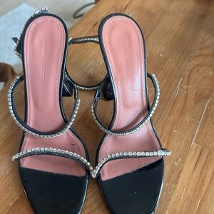 Amina Muaddi Black Patent Heeled Sandals with Pink Insole and Crystal Straps